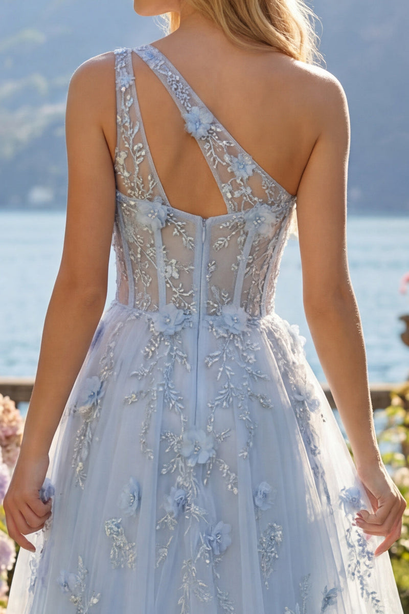 Laden Sie das Bild in den Galerie-Viewer, Ein Schulter Glitzerndes Blau Korsett A Linie Lang Blumen Perlenstickerei Ballkleid