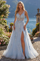 Laden Sie das Bild in den Galerie-Viewer, V-Ausschnitt A Linie Lang Glitzerndes Blau Korsett Blumen Perlenstickerei Ballkleid mit Schlitz