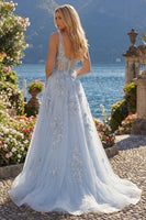 Laden Sie das Bild in den Galerie-Viewer, V-Ausschnitt A Linie Lang Glitzerndes Blau Korsett Blumen Perlenstickerei Ballkleid mit Schlitz