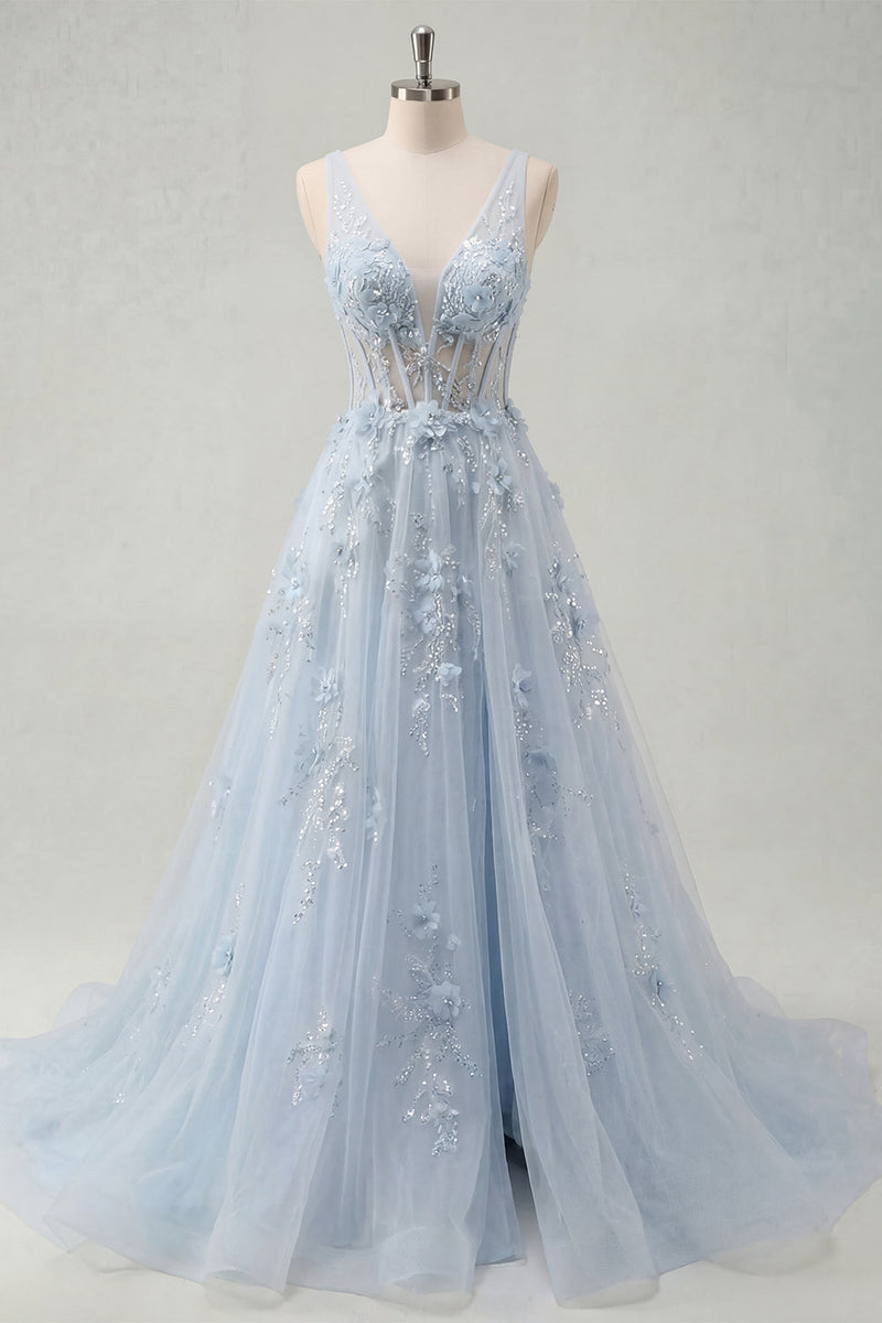 Laden Sie das Bild in den Galerie-Viewer, V-Ausschnitt A Linie Lang Glitzerndes Blau Korsett Blumen Perlenstickerei Ballkleid mit Schlitz