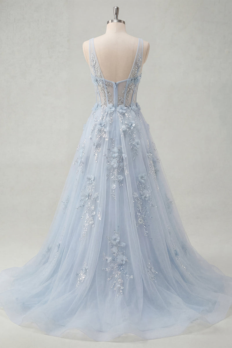 Laden Sie das Bild in den Galerie-Viewer, V-Ausschnitt A Linie Lang Glitzerndes Blau Korsett Blumen Perlenstickerei Ballkleid mit Schlitz