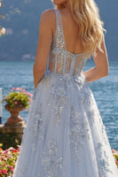 Laden Sie das Bild in den Galerie-Viewer, V-Ausschnitt A Linie Lang Glitzerndes Blau Korsett Blumen Perlenstickerei Ballkleid mit Schlitz