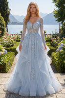 Laden Sie das Bild in den Galerie-Viewer, Lange Ärmel Glitzerndes Blau Korsett A Linie Blumen Perlenstickerei Lang Ballkleid mit Rüschen