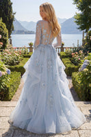 Laden Sie das Bild in den Galerie-Viewer, Lange Ärmel Glitzerndes Blau Korsett A Linie Blumen Perlenstickerei Lang Ballkleid mit Rüschen
