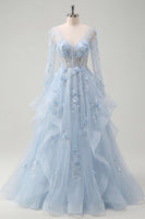 Laden Sie das Bild in den Galerie-Viewer, Lange Ärmel Glitzerndes Blau Korsett A Linie Blumen Perlenstickerei Lang Ballkleid mit Rüschen