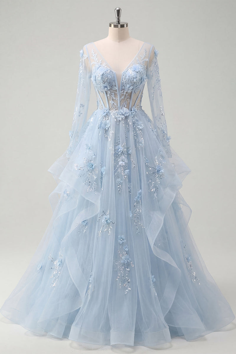 Laden Sie das Bild in den Galerie-Viewer, Lange Ärmel Glitzerndes Blau Korsett A Linie Blumen Perlenstickerei Lang Ballkleid mit Rüschen