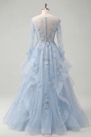 Laden Sie das Bild in den Galerie-Viewer, Lange Ärmel Glitzerndes Blau Korsett A Linie Blumen Perlenstickerei Lang Ballkleid mit Rüschen