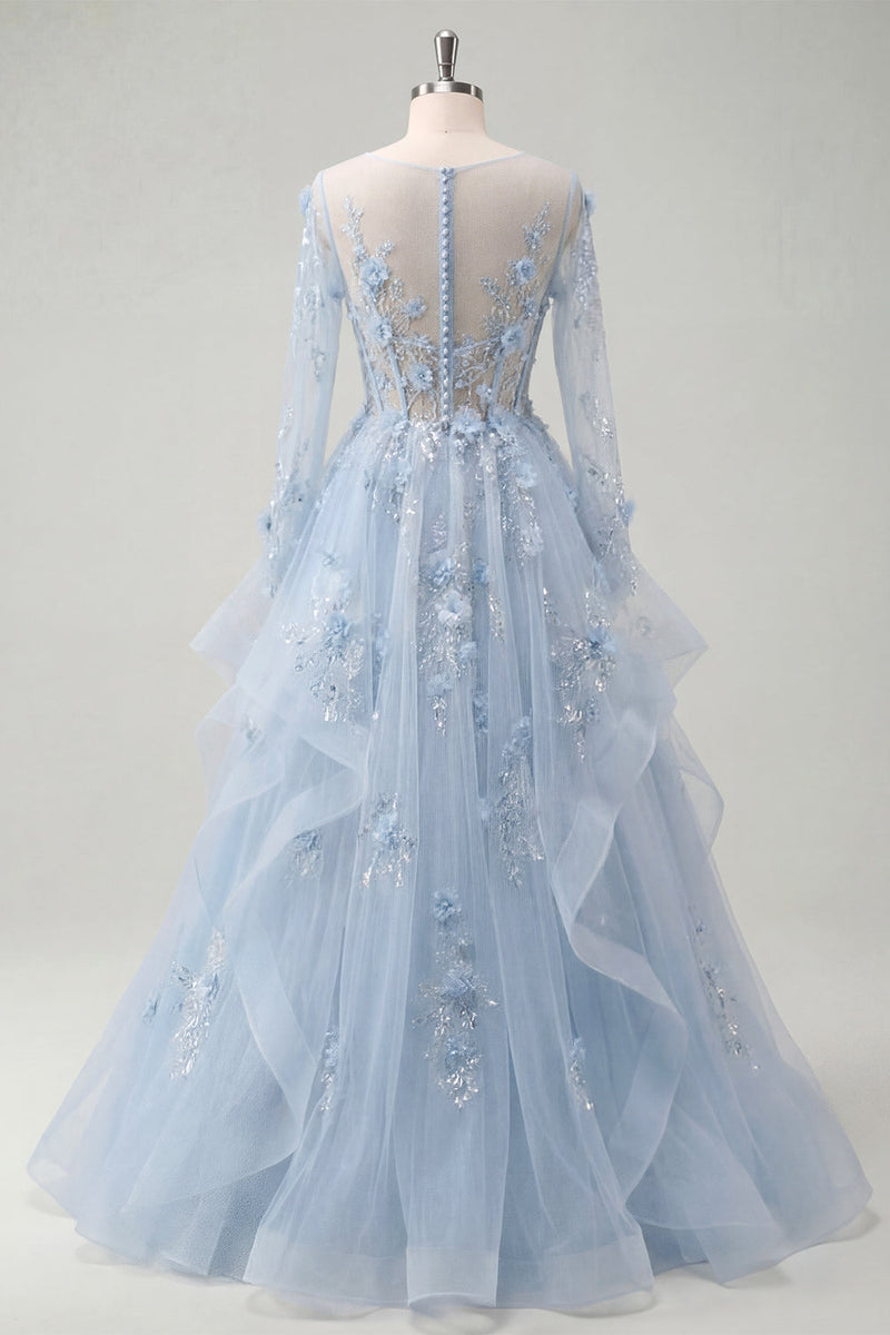 Laden Sie das Bild in den Galerie-Viewer, Lange Ärmel Glitzerndes Blau Korsett A Linie Blumen Perlenstickerei Lang Ballkleid mit Rüschen