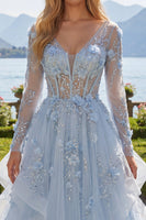 Laden Sie das Bild in den Galerie-Viewer, Lange Ärmel Glitzerndes Blau Korsett A Linie Blumen Perlenstickerei Lang Ballkleid mit Rüschen