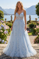 Laden Sie das Bild in den Galerie-Viewer, Spaghettiträger Glitzerndes Blau Korsett A Linie Lang Blumen Perlenstickerei Ballkleid