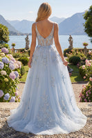 Laden Sie das Bild in den Galerie-Viewer, Spaghettiträger Glitzerndes Blau Korsett A Linie Lang Blumen Perlenstickerei Ballkleid