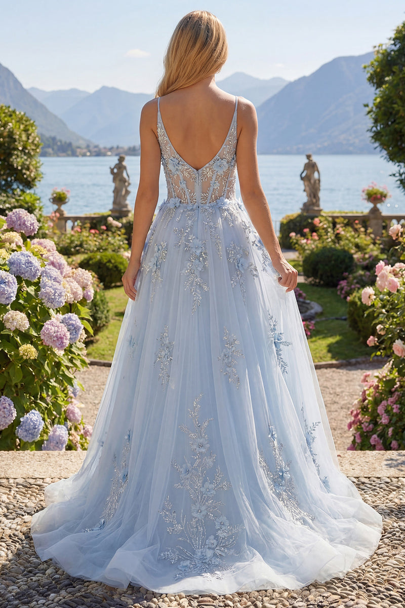 Laden Sie das Bild in den Galerie-Viewer, Spaghettiträger Glitzerndes Blau Korsett A Linie Lang Blumen Perlenstickerei Ballkleid