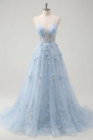 Laden Sie das Bild in den Galerie-Viewer, Spaghettiträger Glitzerndes Blau Korsett A Linie Lang Blumen Perlenstickerei Ballkleid