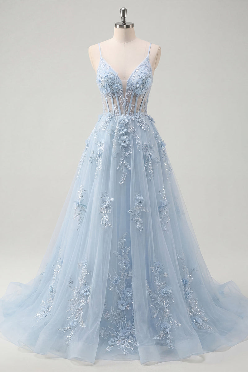 Laden Sie das Bild in den Galerie-Viewer, Spaghettiträger Glitzerndes Blau Korsett A Linie Lang Blumen Perlenstickerei Ballkleid