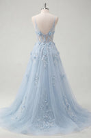 Laden Sie das Bild in den Galerie-Viewer, Spaghettiträger Glitzerndes Blau Korsett A Linie Lang Blumen Perlenstickerei Ballkleid