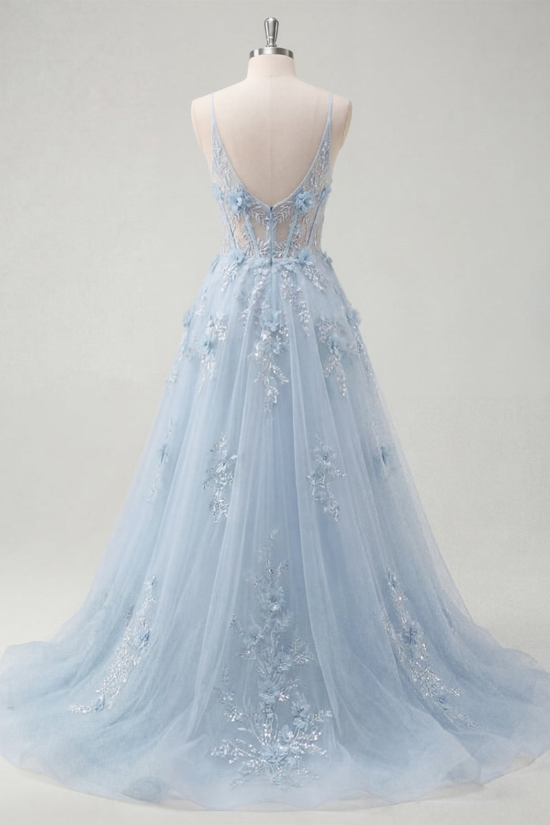 Laden Sie das Bild in den Galerie-Viewer, Spaghettiträger Glitzerndes Blau Korsett A Linie Lang Blumen Perlenstickerei Ballkleid