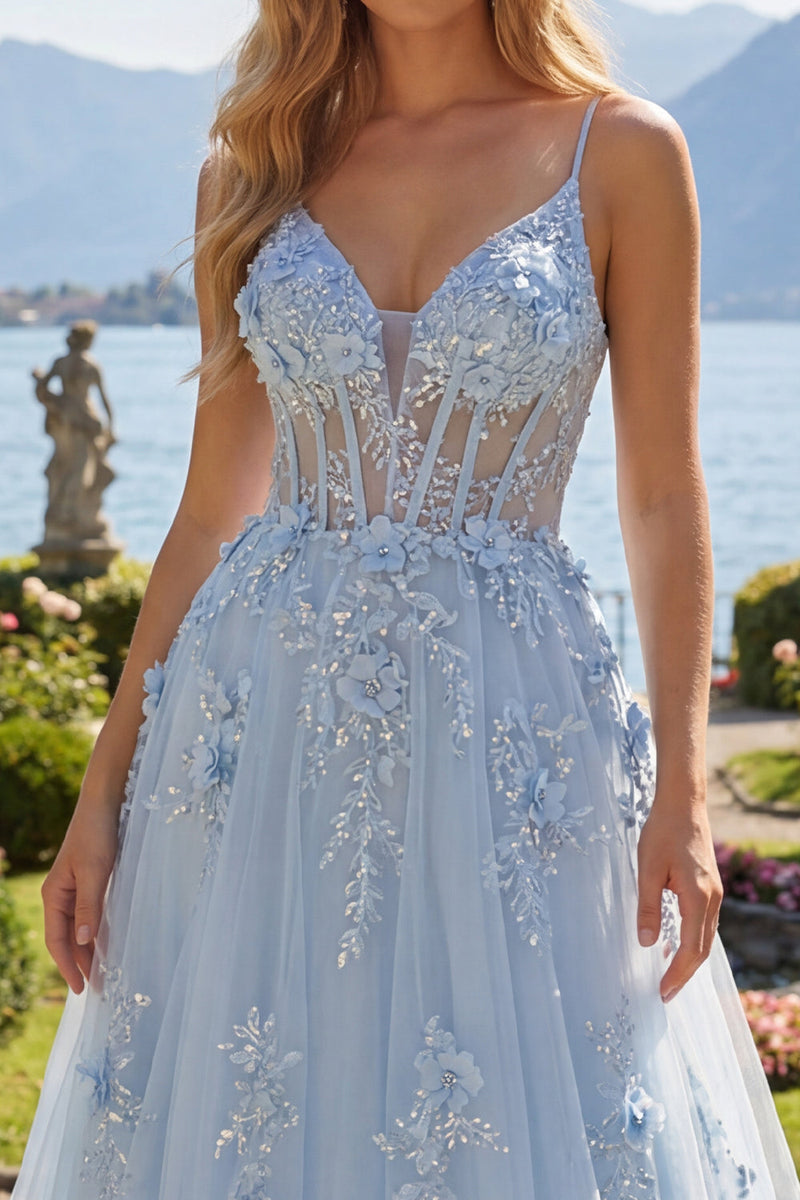 Laden Sie das Bild in den Galerie-Viewer, Spaghettiträger Glitzerndes Blau Korsett A Linie Lang Blumen Perlenstickerei Ballkleid