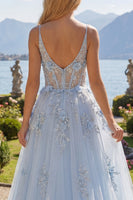 Laden Sie das Bild in den Galerie-Viewer, Spaghettiträger Glitzerndes Blau Korsett A Linie Lang Blumen Perlenstickerei Ballkleid