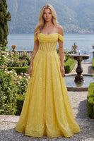 Laden Sie das Bild in den Galerie-Viewer, Gelb Glitzer Schulterfrei Korsett A Linie Lang Ballkleid