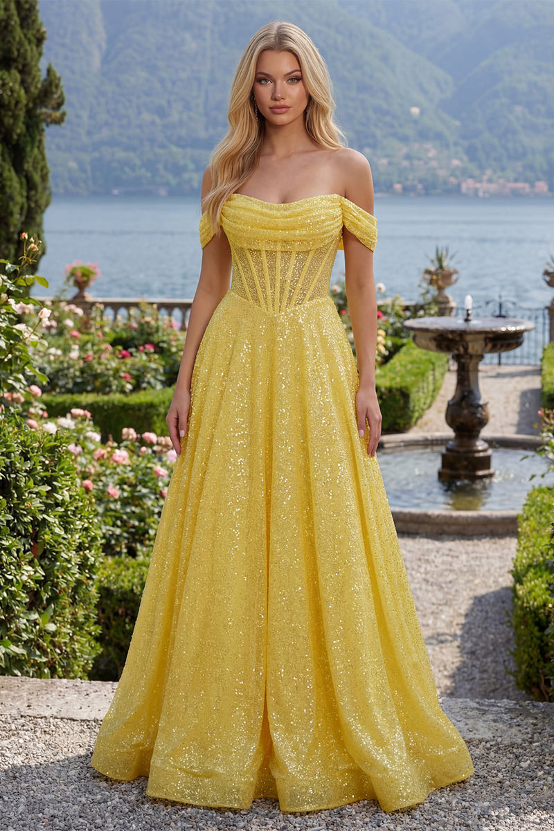 Laden Sie das Bild in den Galerie-Viewer, Gelb Glitzer Schulterfrei Korsett A Linie Lang Ballkleid