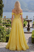 Laden Sie das Bild in den Galerie-Viewer, Gelb Glitzer Schulterfrei Korsett A Linie Lang Ballkleid