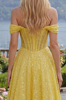 Laden Sie das Bild in den Galerie-Viewer, Gelb Glitzer Schulterfrei Korsett A Linie Lang Ballkleid