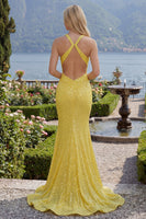 Laden Sie das Bild in den Galerie-Viewer, Halfter Gelb Glitzer Gerafft Meerjungfrau Lang Ballkleid