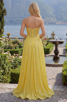 Laden Sie das Bild in den Galerie-Viewer, Gelb Glitzer Korsett A Linie Lang Ballkleid mit Schlitz