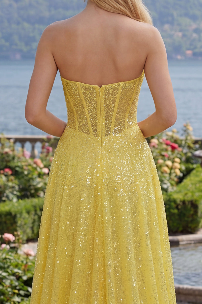Laden Sie das Bild in den Galerie-Viewer, Gelb Glitzer Korsett A Linie Lang Ballkleid mit Schlitz
