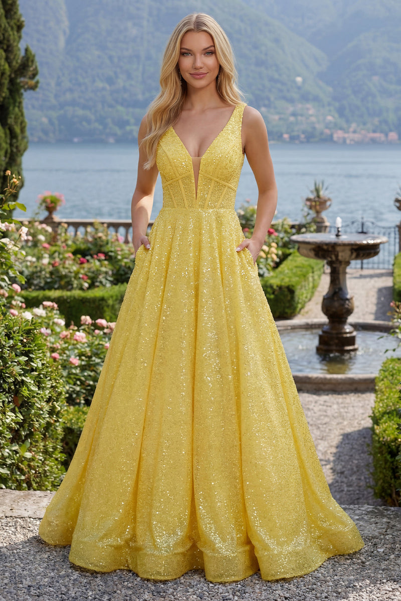 Laden Sie das Bild in den Galerie-Viewer, V-Ausschnitt Gelb Glitzer Korsett A Linie Lang Ballkleid mit Taschen