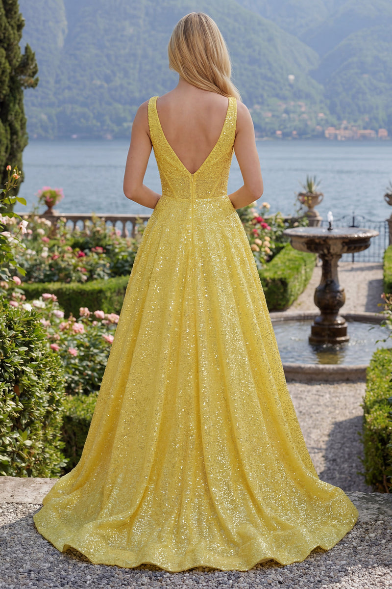 Laden Sie das Bild in den Galerie-Viewer, V-Ausschnitt Gelb Glitzer Korsett A Linie Lang Ballkleid mit Taschen