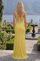 Laden Sie das Bild in den Galerie-Viewer, Gerafft Meerjungfrau Ein Schulter Korsett Gelb Glitzer Lang Ballkleid mit Schlitz