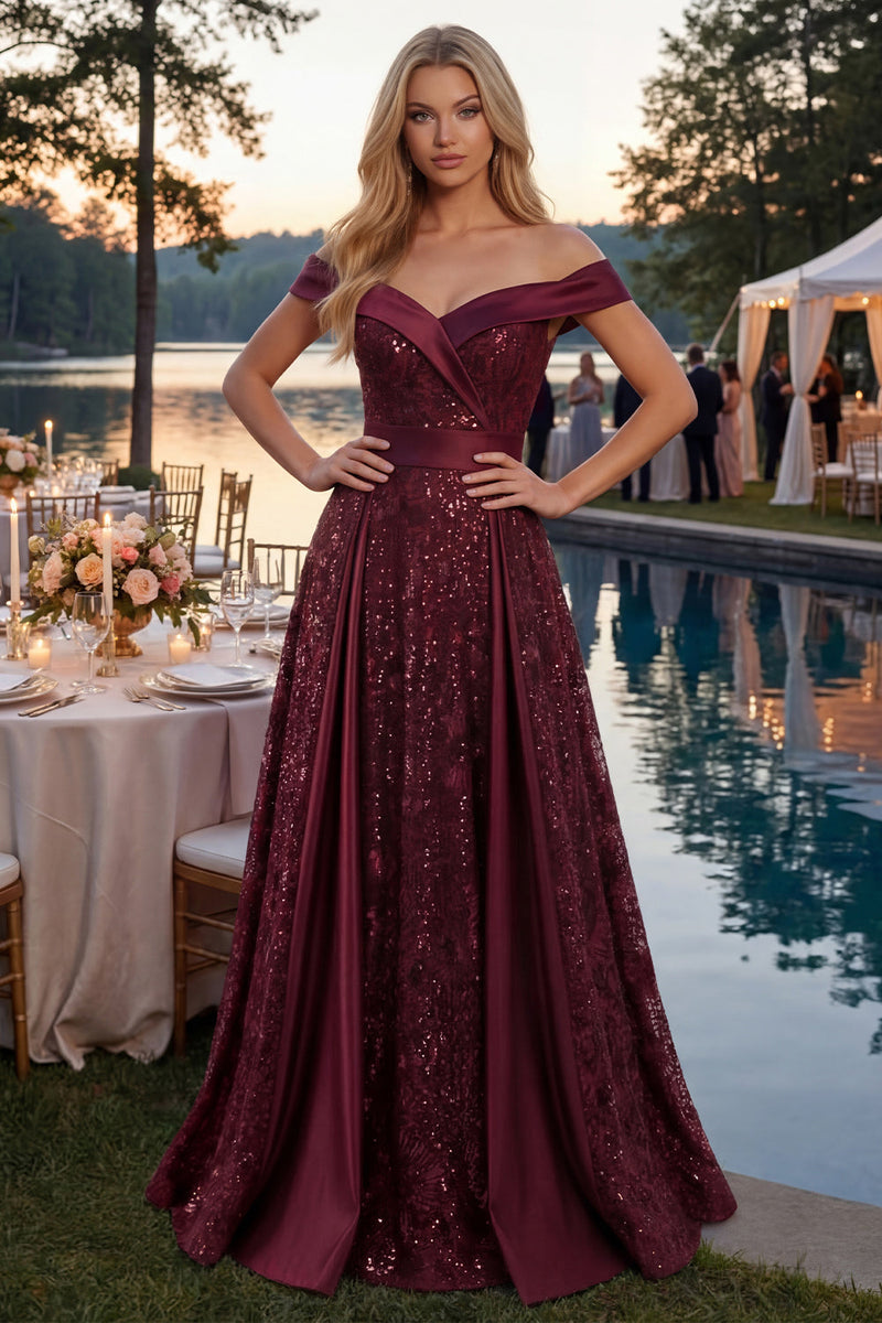 Laden Sie das Bild in den Galerie-Viewer, A Linie Schulterfrei Glitzerndes Bordeaux Lang Paillette Ballkleid mit Cape