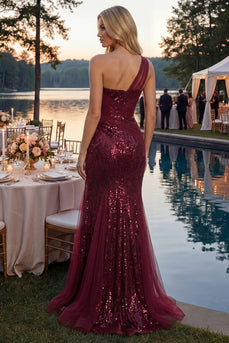 Meerjungfrau Glitzerndes Bordeaux Ein Schulter Korsett Lang Paillette Ballkleid mit Schlitz