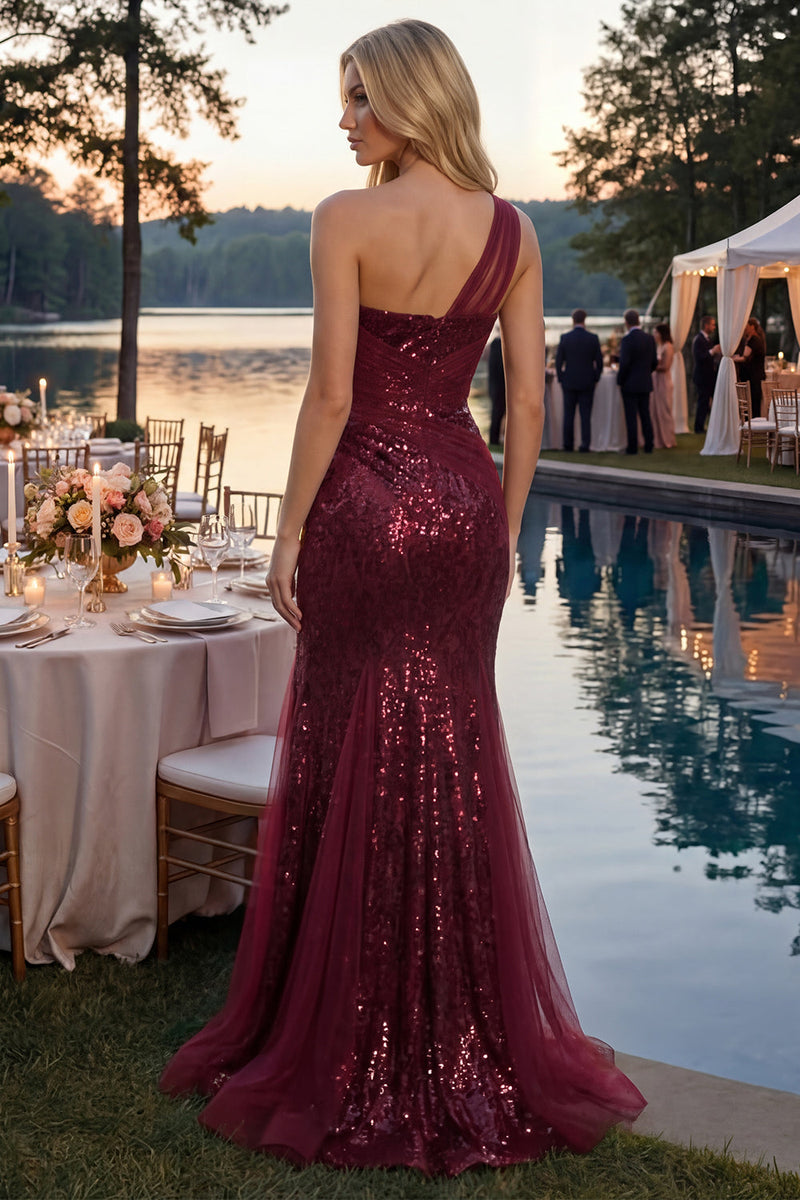 Laden Sie das Bild in den Galerie-Viewer, Meerjungfrau Glitzerndes Bordeaux Ein Schulter Korsett Lang Paillette Ballkleid mit Schlitz