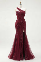 Laden Sie das Bild in den Galerie-Viewer, Meerjungfrau Glitzerndes Bordeaux Ein Schulter Korsett Lang Paillette Ballkleid mit Schlitz