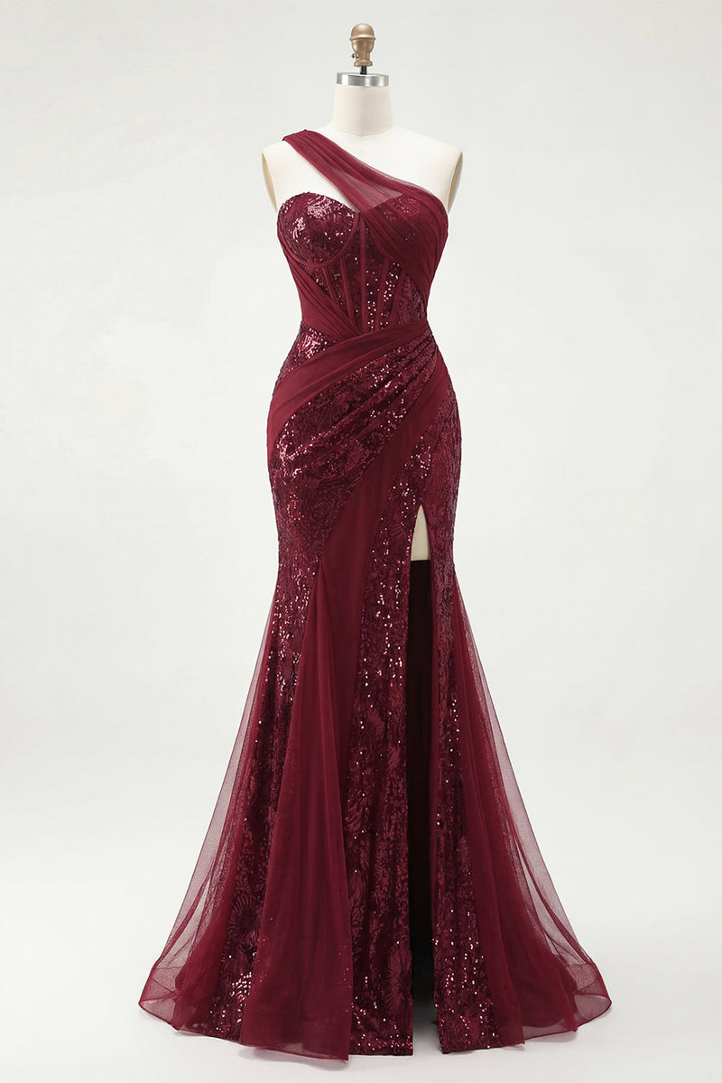 Laden Sie das Bild in den Galerie-Viewer, Meerjungfrau Glitzerndes Bordeaux Ein Schulter Korsett Lang Paillette Ballkleid mit Schlitz