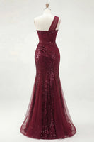 Laden Sie das Bild in den Galerie-Viewer, Meerjungfrau Glitzerndes Bordeaux Ein Schulter Korsett Lang Paillette Ballkleid mit Schlitz