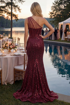 Korsett Lang Paillette Meerjungfrau Glitzerndes Bordeaux Ein Schulter Ballkleid mit Schlitz
