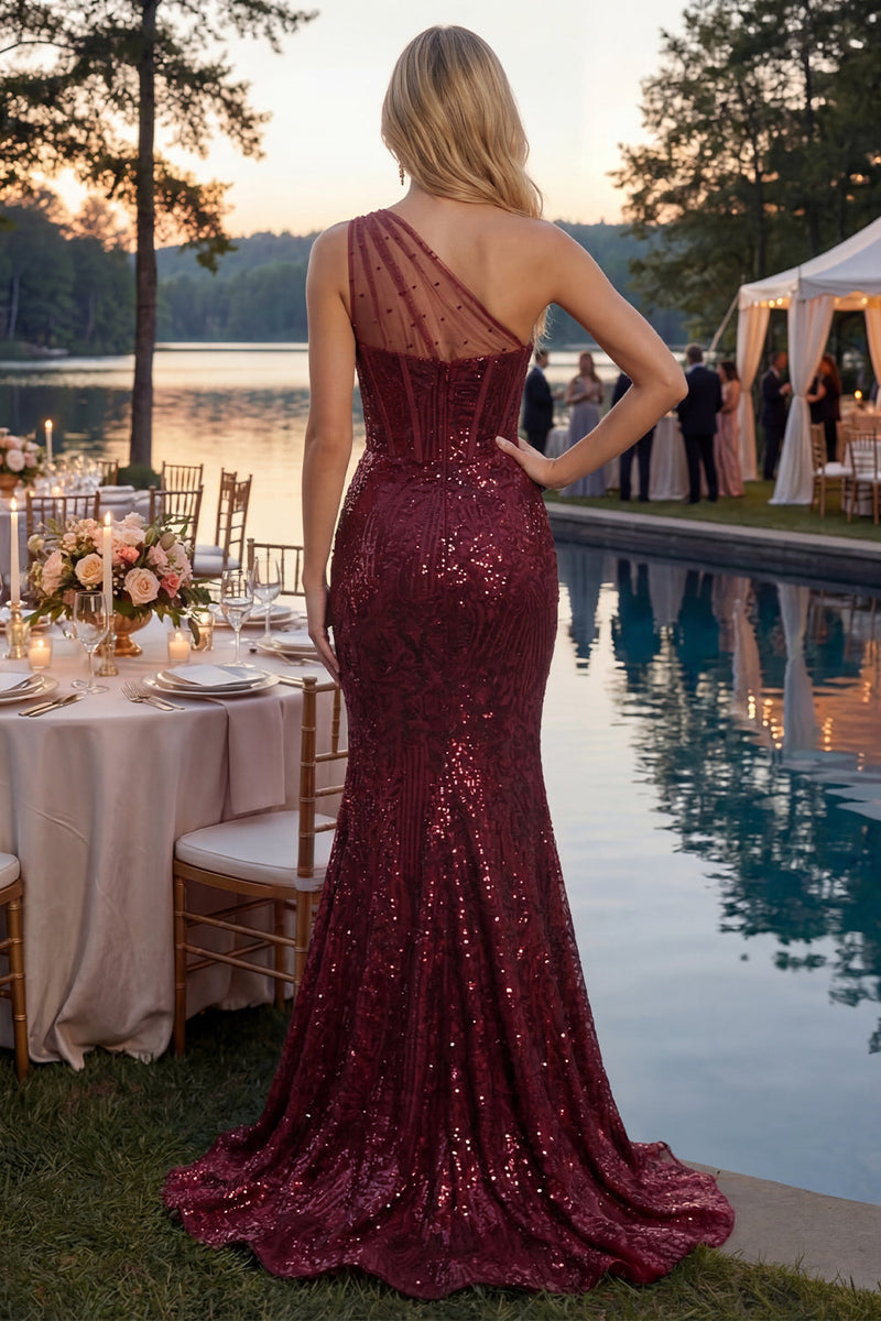 Laden Sie das Bild in den Galerie-Viewer, Korsett Lang Paillette Meerjungfrau Glitzerndes Bordeaux Ein Schulter Ballkleid mit Schlitz