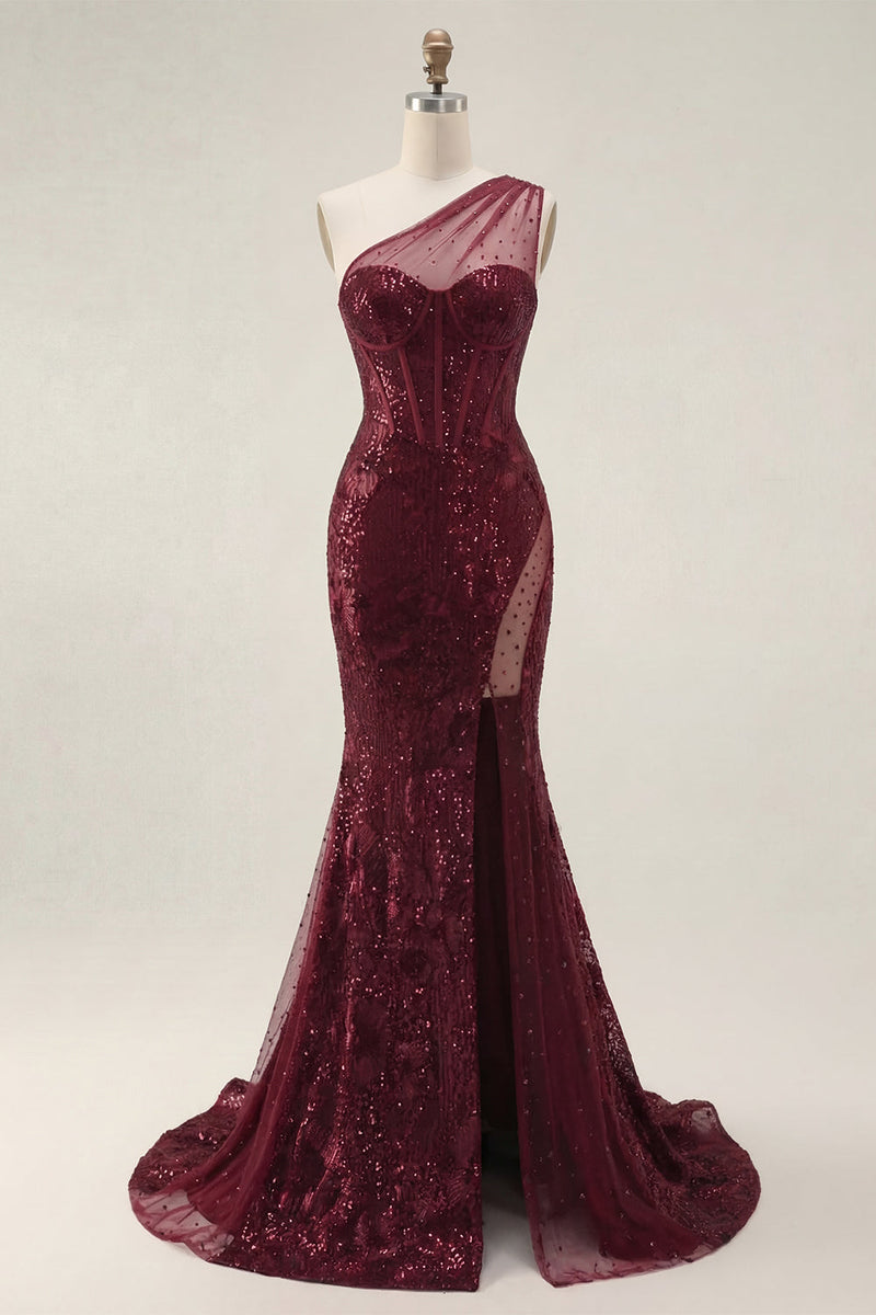 Laden Sie das Bild in den Galerie-Viewer, Korsett Lang Paillette Meerjungfrau Glitzerndes Bordeaux Ein Schulter Ballkleid mit Schlitz