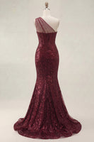 Laden Sie das Bild in den Galerie-Viewer, Korsett Lang Paillette Meerjungfrau Glitzerndes Bordeaux Ein Schulter Ballkleid mit Schlitz