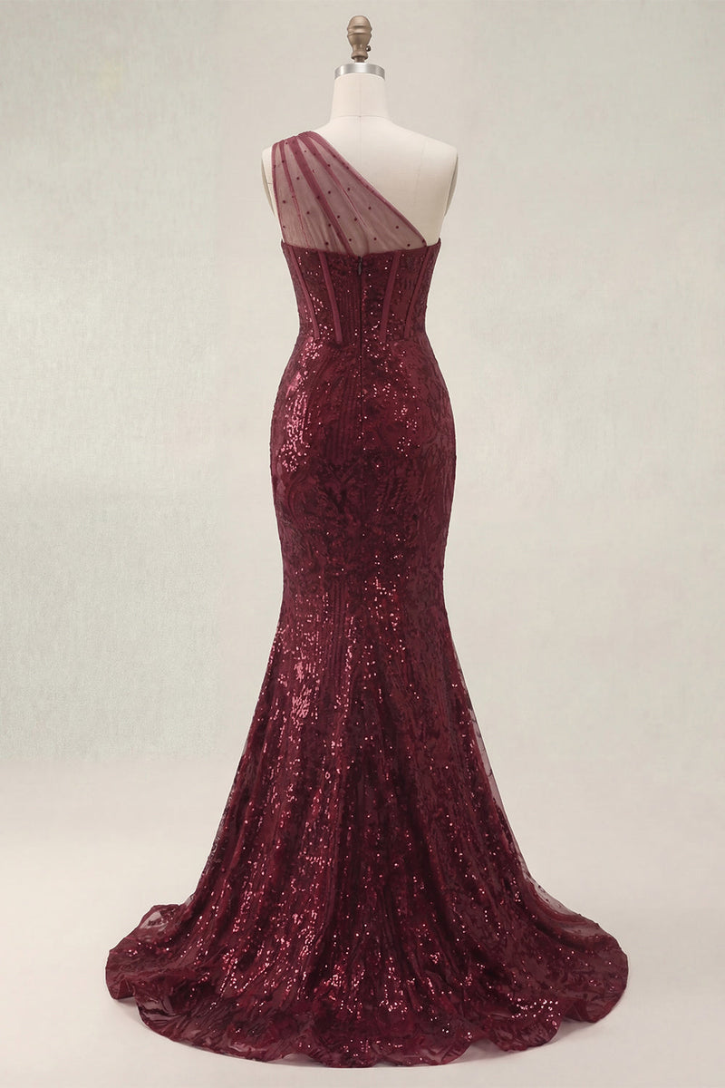 Laden Sie das Bild in den Galerie-Viewer, Korsett Lang Paillette Meerjungfrau Glitzerndes Bordeaux Ein Schulter Ballkleid mit Schlitz