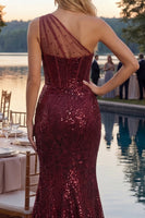 Laden Sie das Bild in den Galerie-Viewer, Korsett Lang Paillette Meerjungfrau Glitzerndes Bordeaux Ein Schulter Ballkleid mit Schlitz