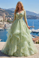 Laden Sie das Bild in den Galerie-Viewer, 3/4 Ärmel Grün Lang Korsett A Linie Blumen Ballkleid mit Rüschen