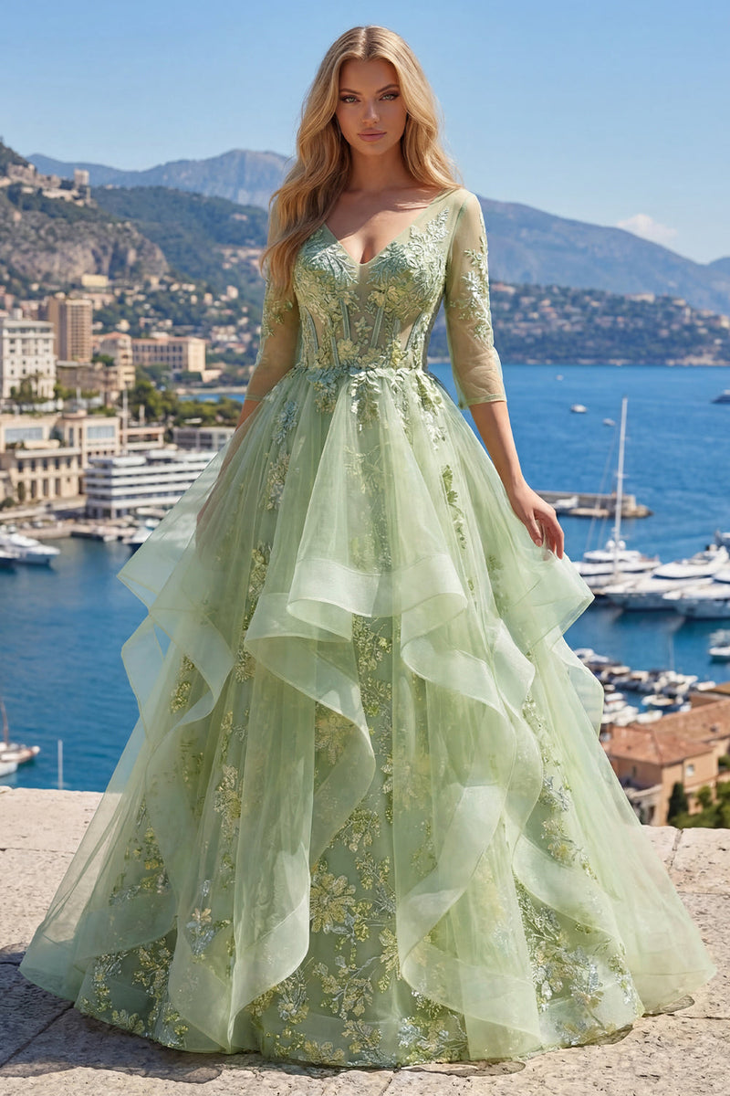 Laden Sie das Bild in den Galerie-Viewer, 3/4 Ärmel Grün Lang Korsett A Linie Blumen Ballkleid mit Rüschen