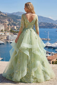 3/4 Ärmel Grün Lang Korsett A Linie Blumen Ballkleid mit Rüschen