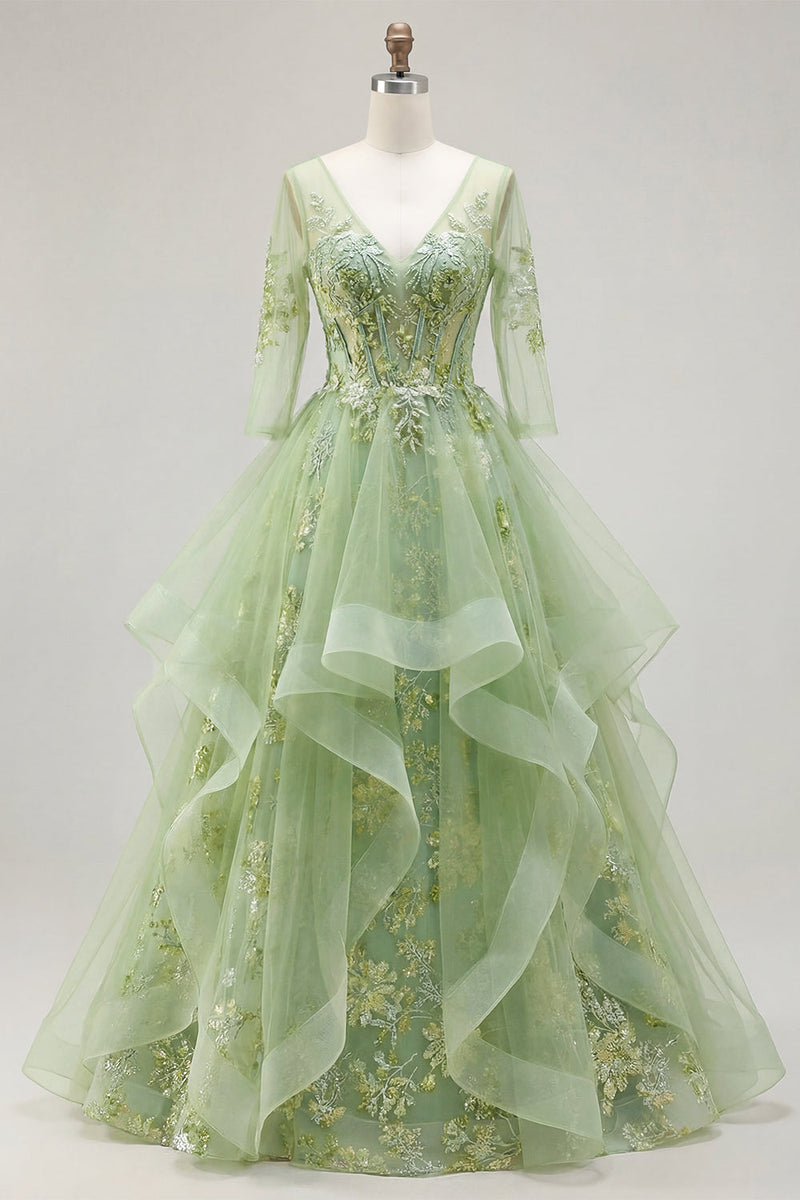 Laden Sie das Bild in den Galerie-Viewer, 3/4 Ärmel Grün Lang Korsett A Linie Blumen Ballkleid mit Rüschen