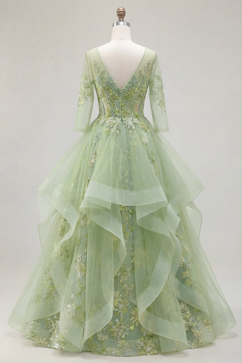 Laden Sie das Bild in den Galerie-Viewer, 3/4 Ärmel Grün Lang Korsett A Linie Blumen Ballkleid mit Rüschen