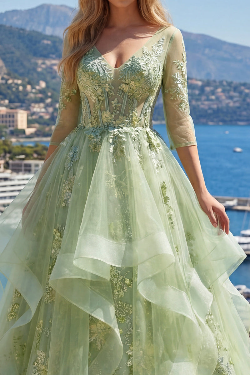 Laden Sie das Bild in den Galerie-Viewer, 3/4 Ärmel Grün Lang Korsett A Linie Blumen Ballkleid mit Rüschen